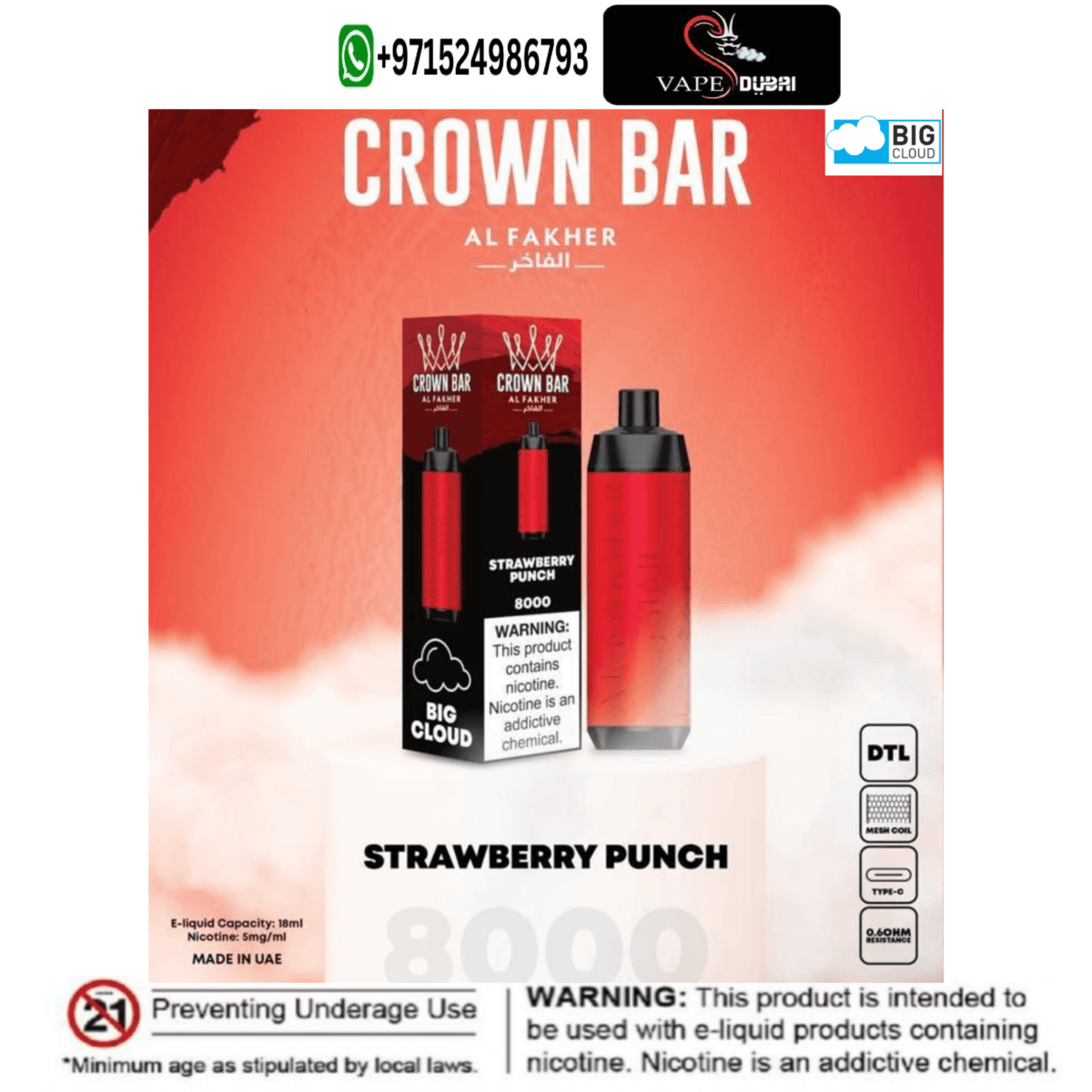 Al Fakher Strawberry Punch Disposable Vape 8000 Puffs Crown Bar